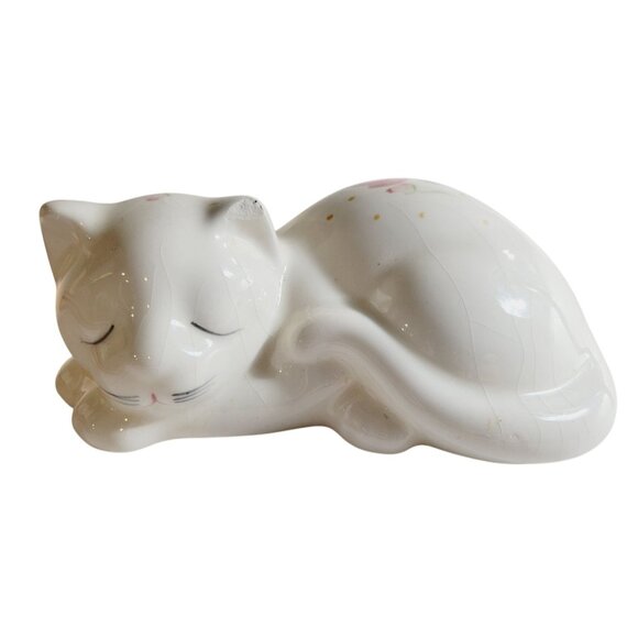 Vintage Hand Painted Ceramic Cat Figurine White Kitten Floral Design - Picture 1 of 9